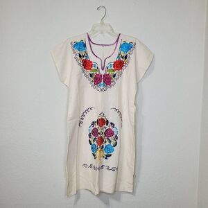 Authentic Mexican embroidered short sleeve beige dress size M